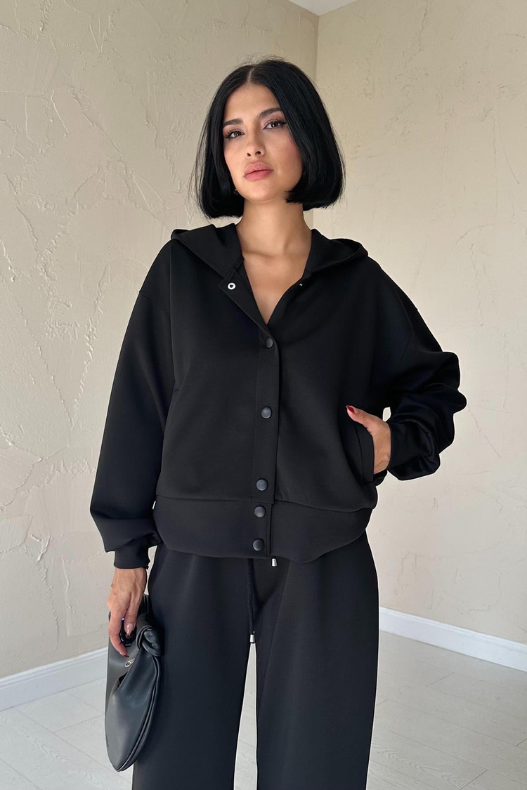 Black Jacket And Trousers Set With Elastic Waist