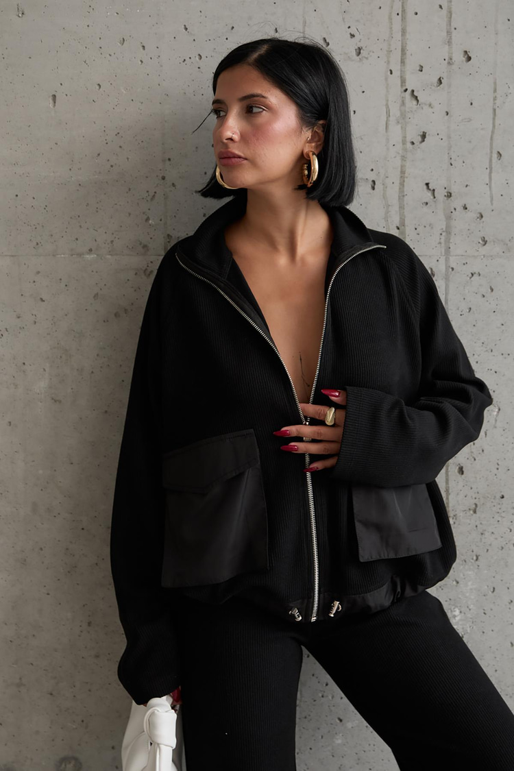 Wholesale Black Pocket Knitwear Jacket and Trouser Set