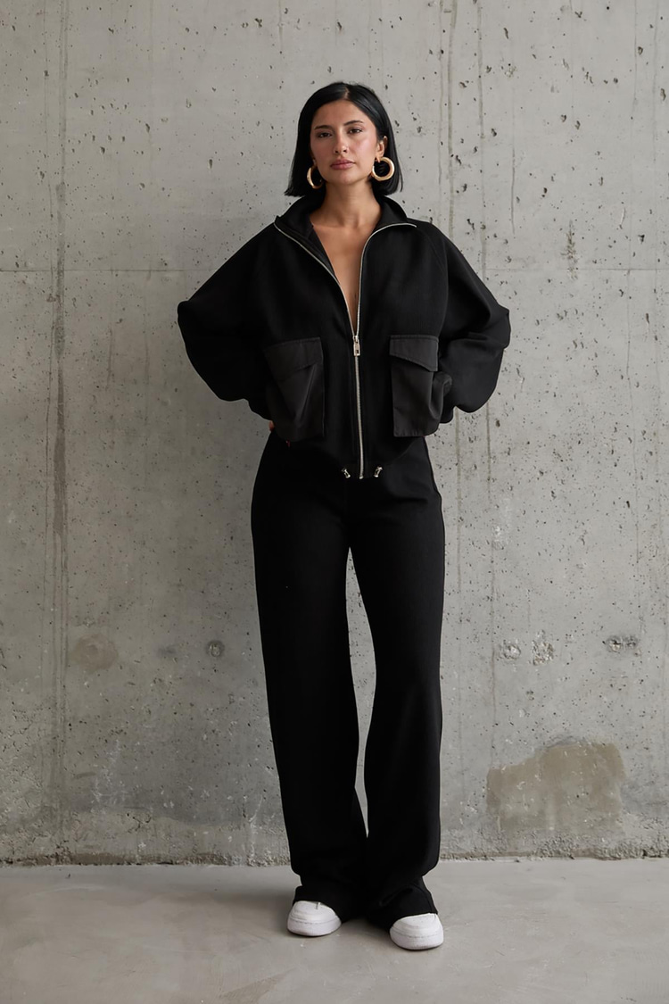 Wholesale Black Pocket Knitwear Jacket and Trouser Set
