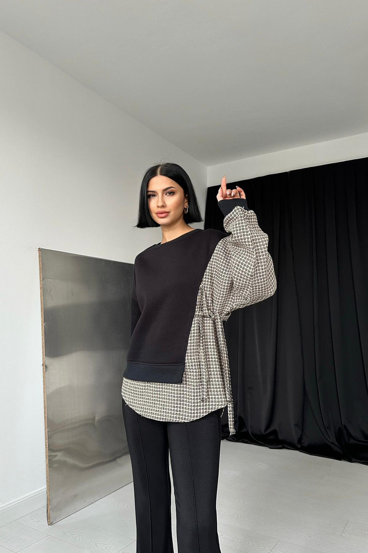 Siyah Çizgili Gömlekli Sweatshirt
