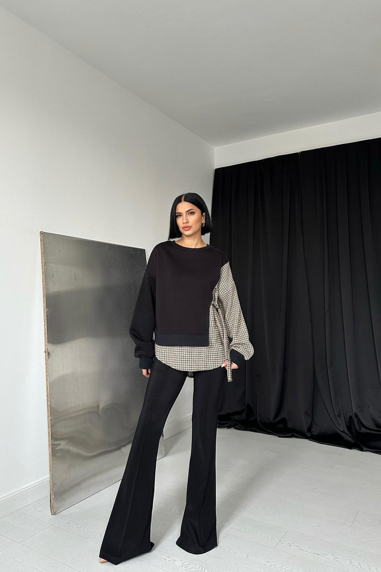 Siyah Çizgili Gömlekli Sweatshirt