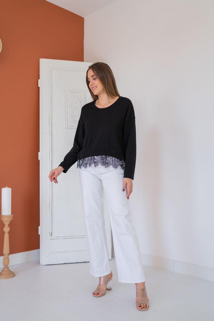 Black Acrylic Blouse With Lace Details