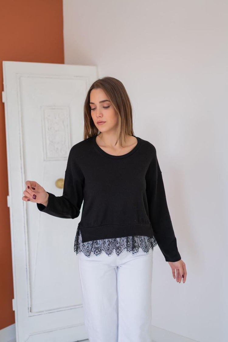 Black Acrylic Blouse With Lace Details