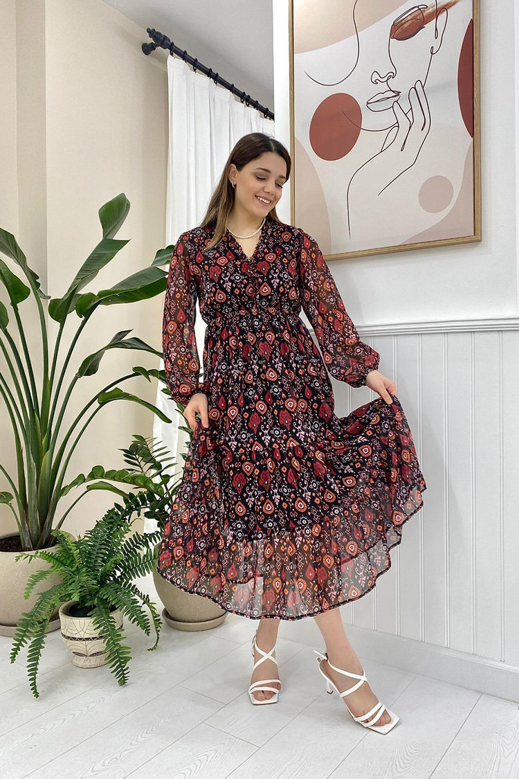 Black Patterned Chiffon Dress