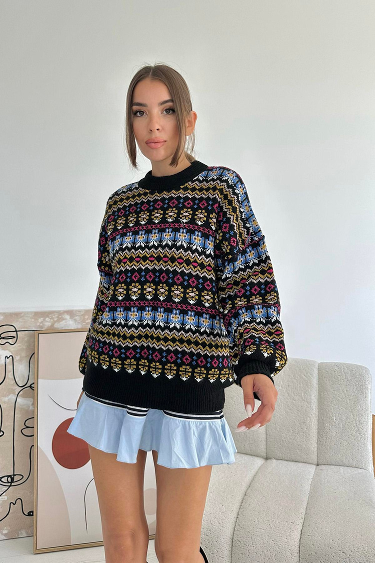Black Patterned Knit Sweater