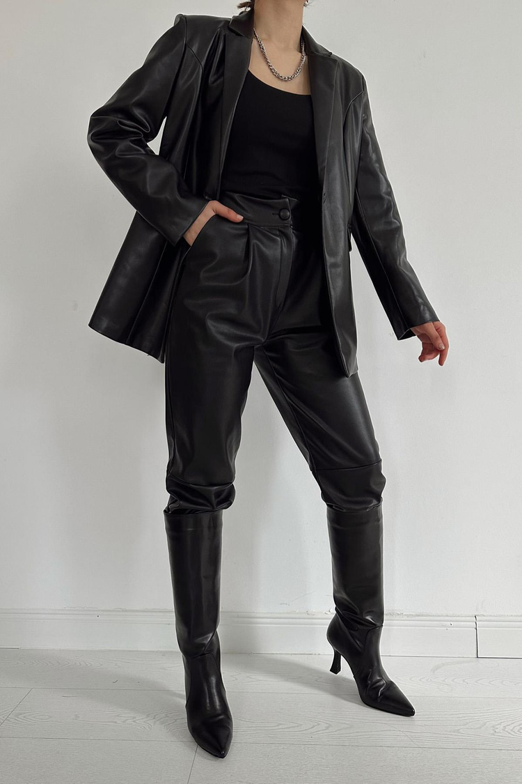 Black Buttoned Leather Jacket
