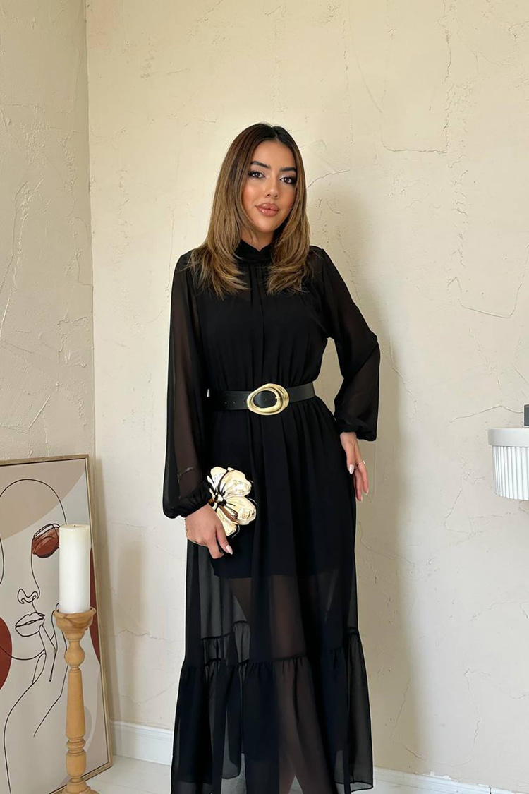 Black Chiffon Dress With Ruffled Skirt