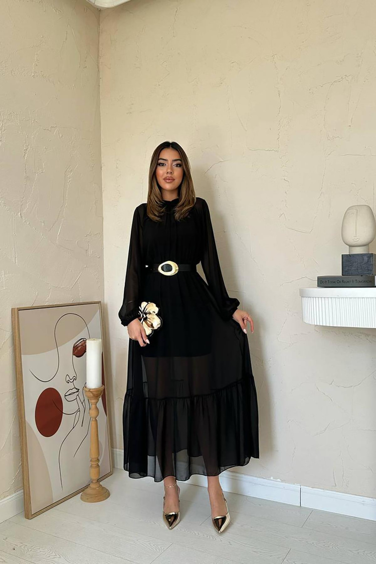 Black Chiffon Dress With Ruffled Skirt