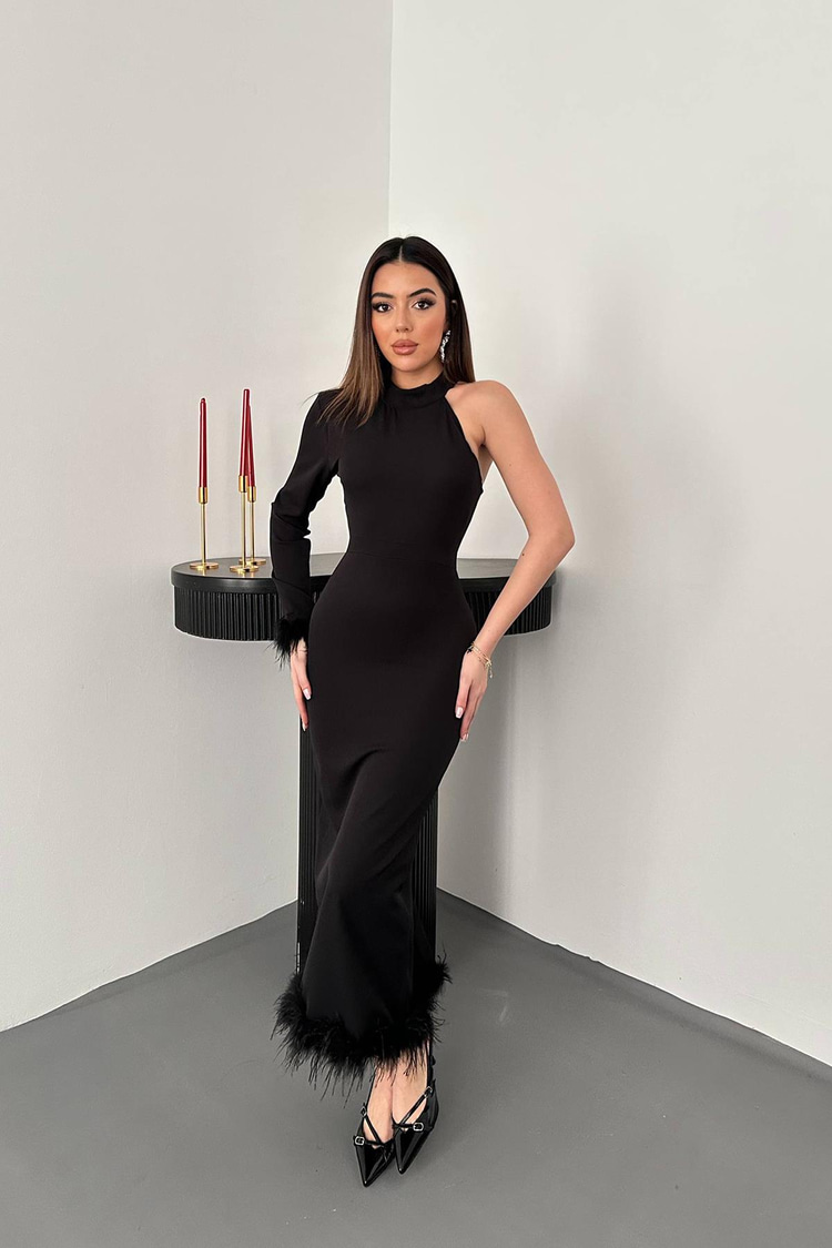 Black One-Sleeve Dress With Tulle Skirt