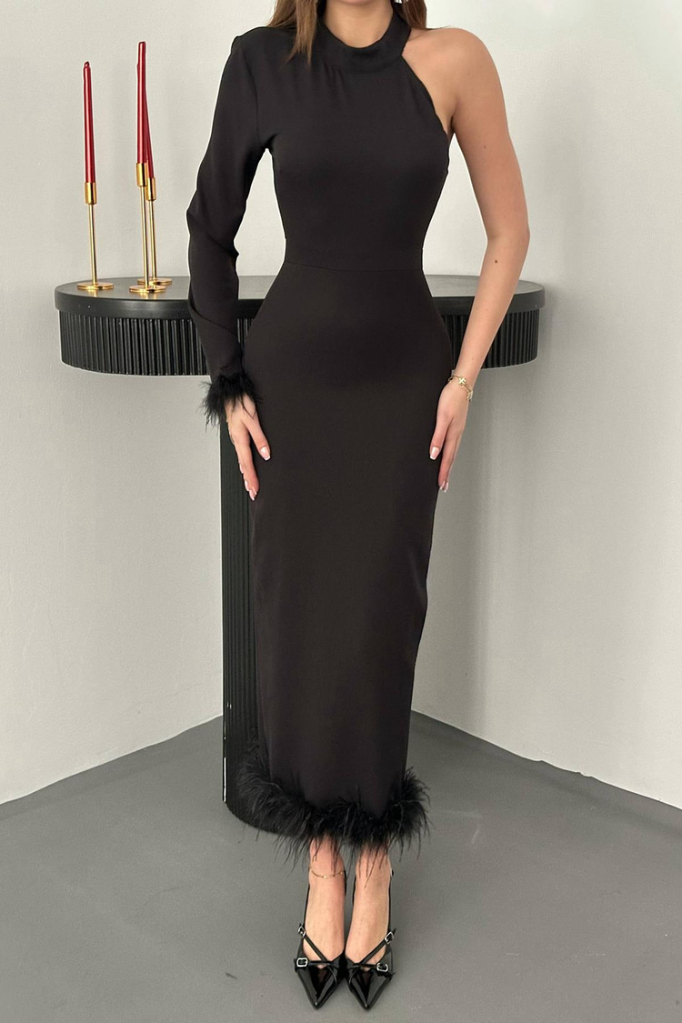 Black One-Sleeve Dress With Tulle Skirt