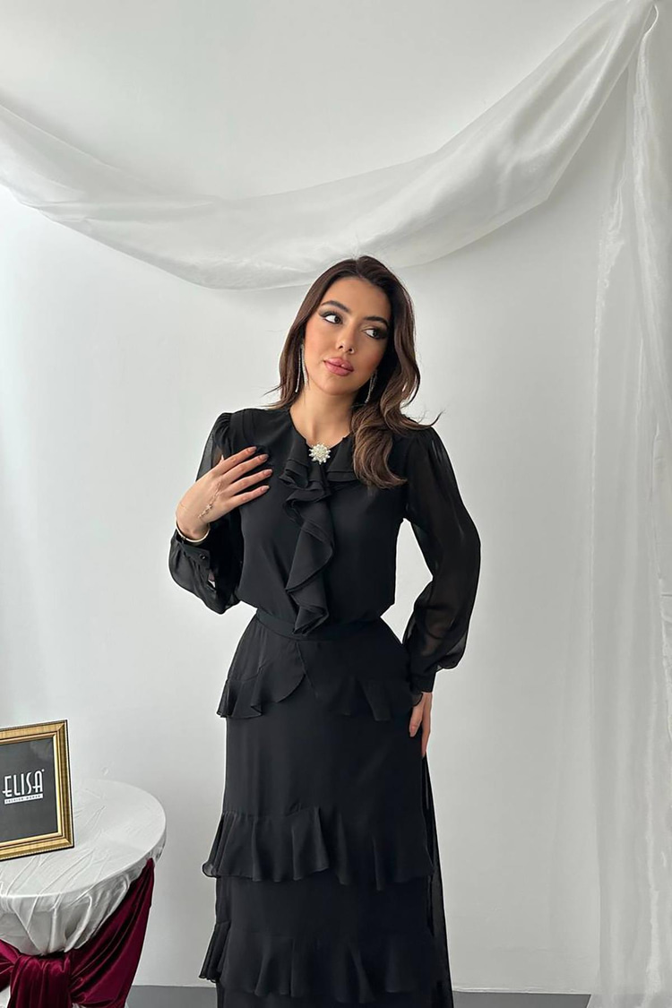Siyah Fırfırlı Şifon Takım
