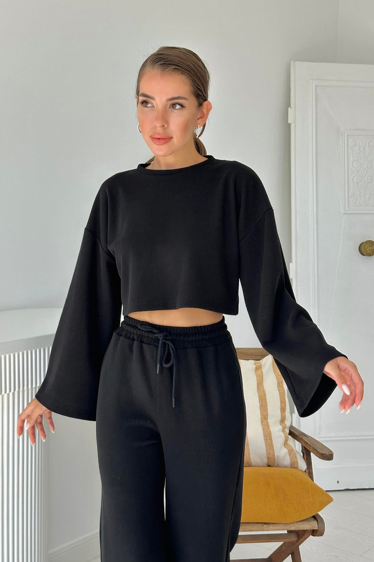 Black Corduroy Blouse And Pants Set
