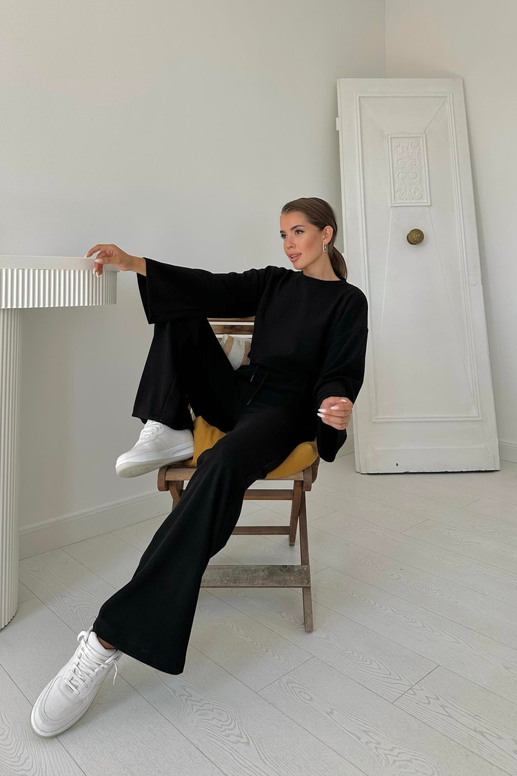 Black Corduroy Blouse And Pants Set