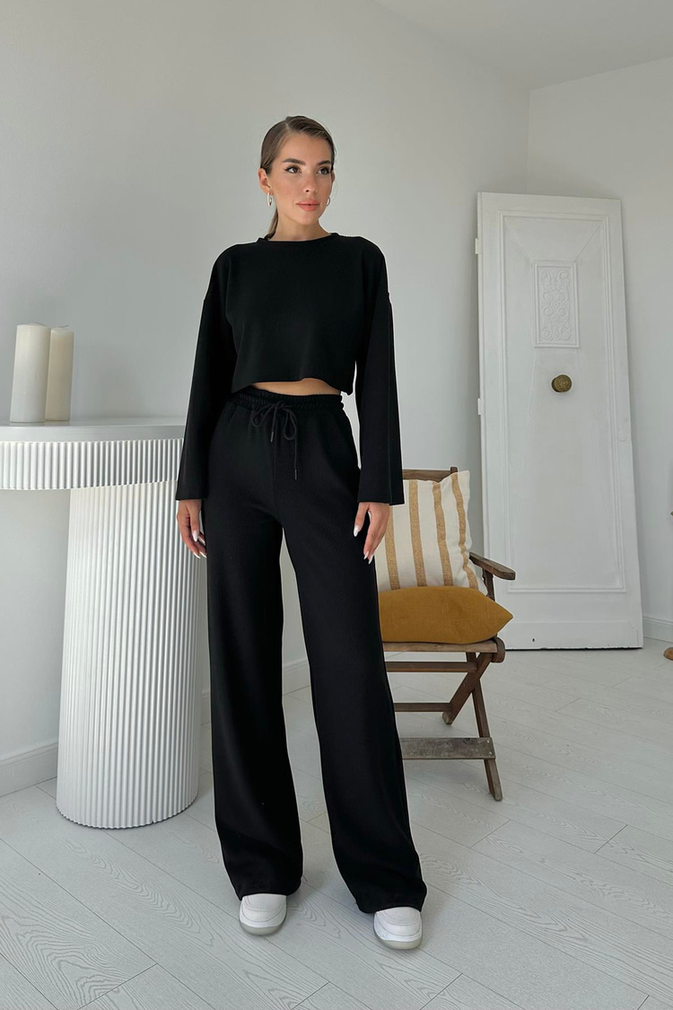 Black Corduroy Blouse And Pants Set