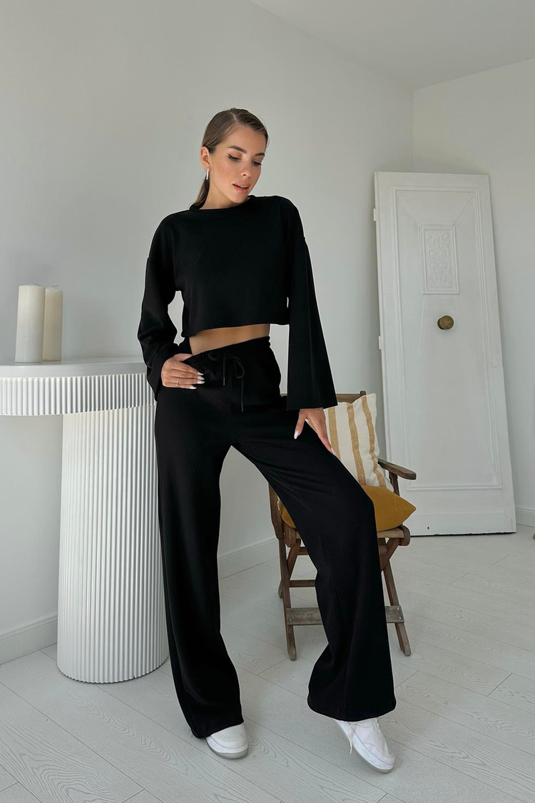 Black Corduroy Blouse And Pants Set