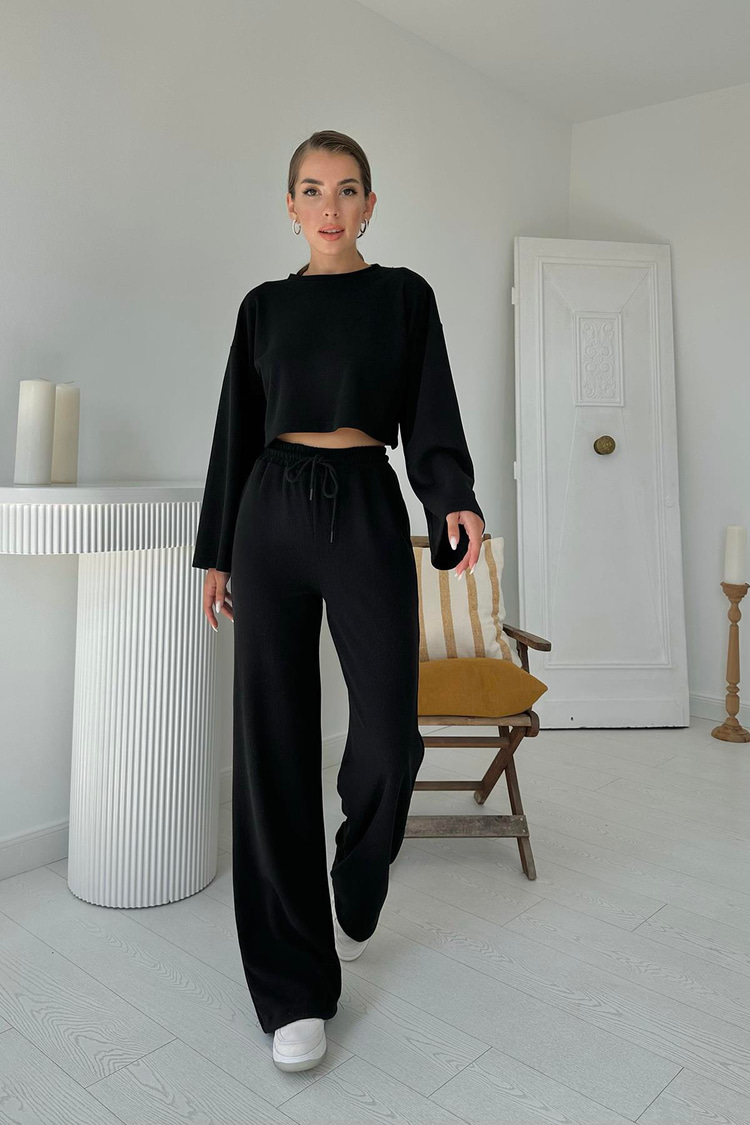 Black Corduroy Blouse And Pants Set