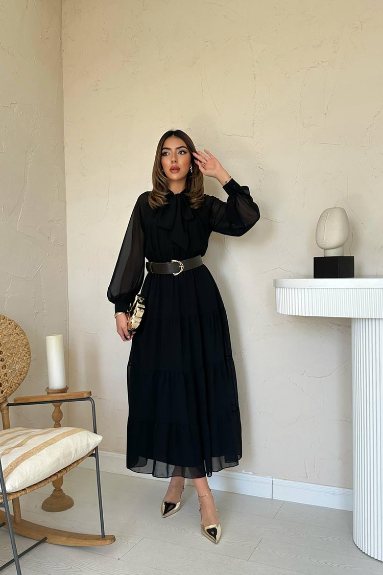 Black Chiffon Dress With Scarf Collar Detail