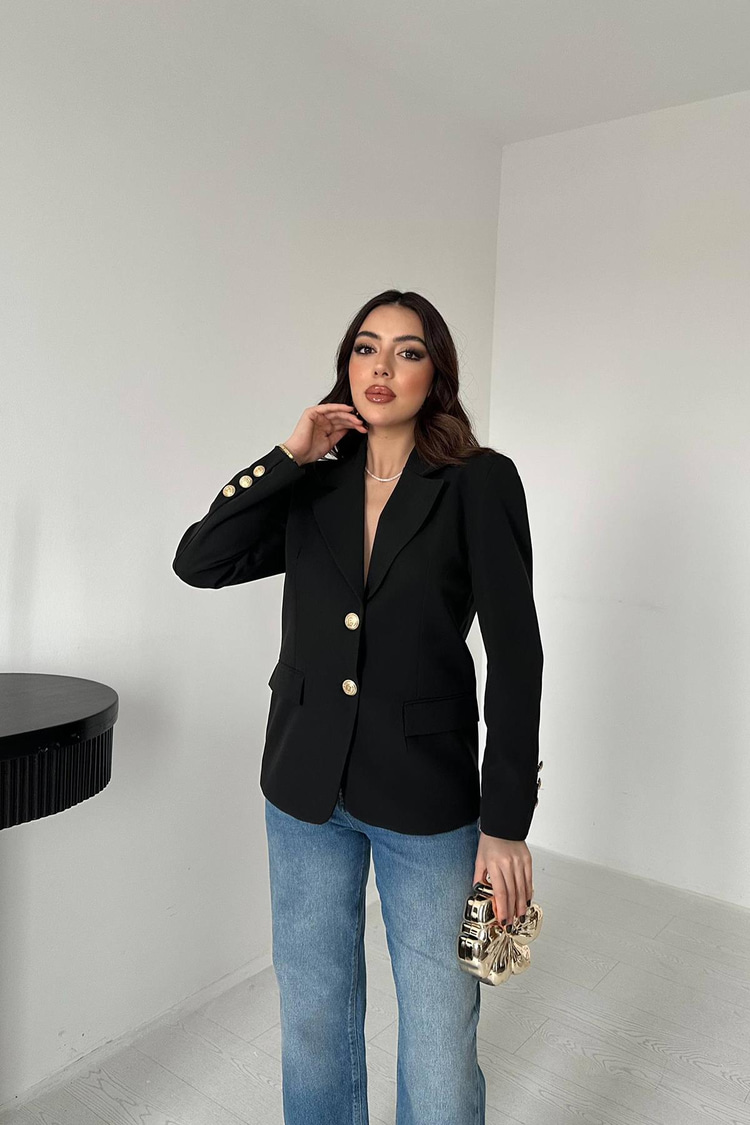 Siyah Gold Düğmeli Blazer Ceket