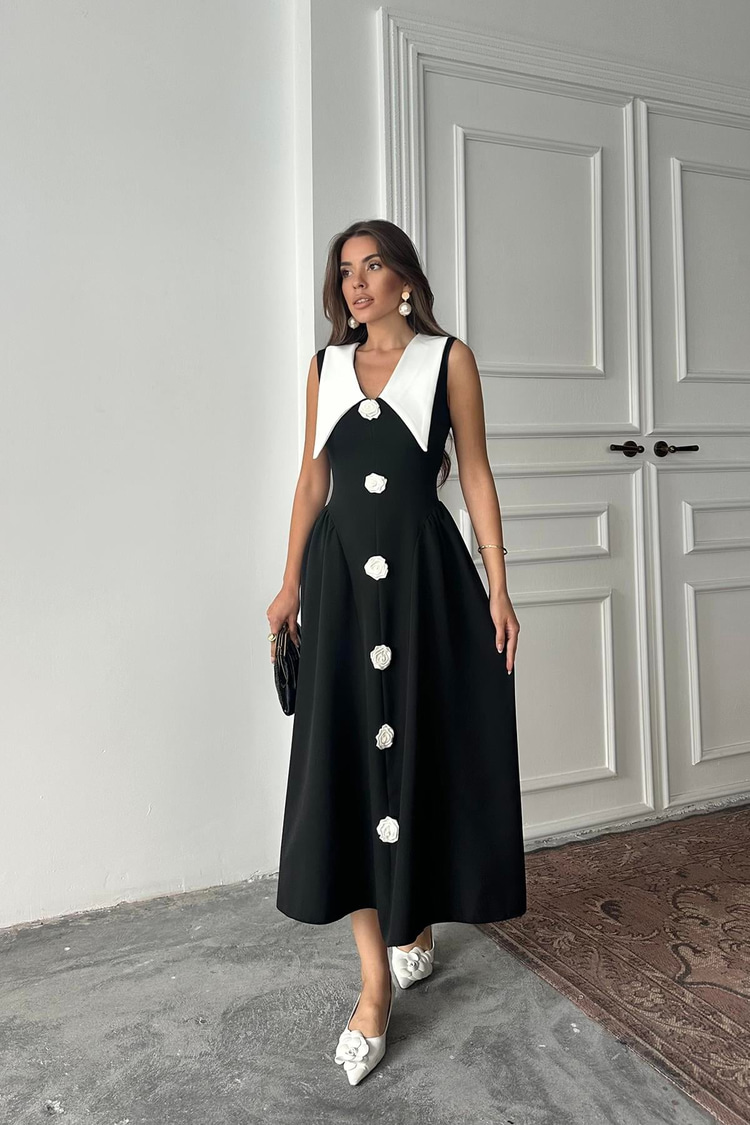 Black Satin Dress With Rose Detail