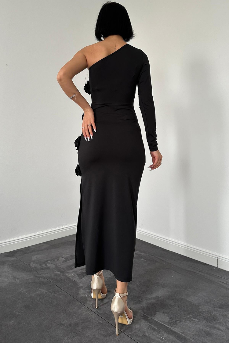 Black One-Sleeve Dress With Roses