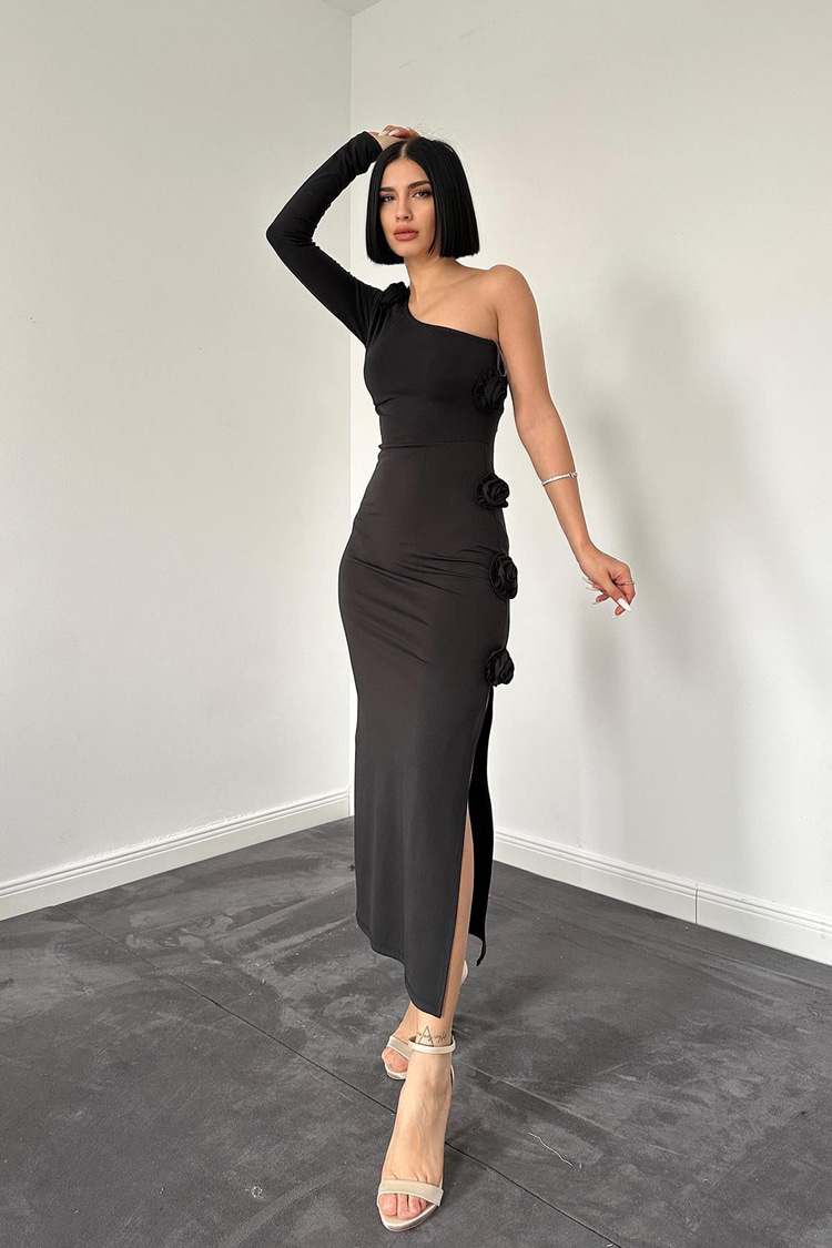 Black One-Sleeve Dress With Roses