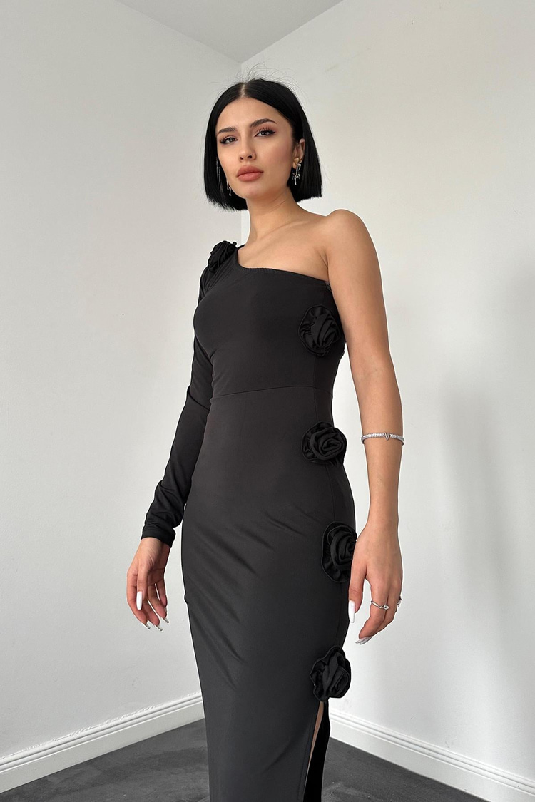 Black One-Sleeve Dress With Roses