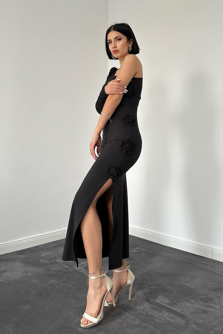 Black One-Sleeve Dress With Roses