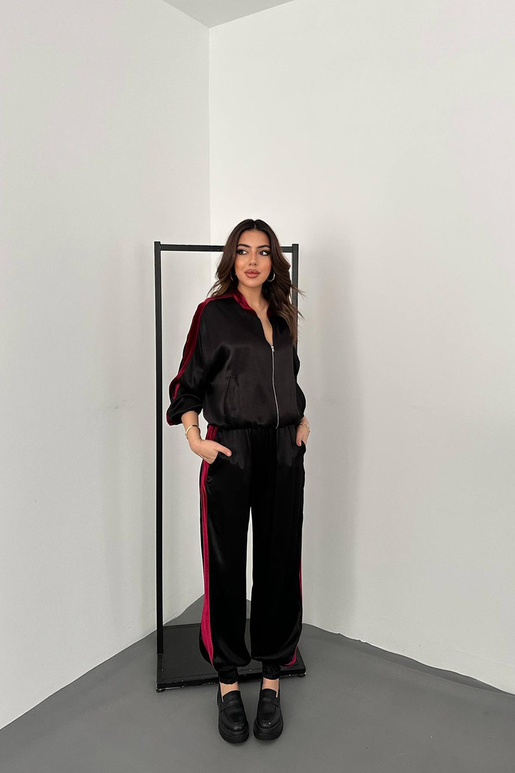 Black Velvet Striped Satin Tracksuit