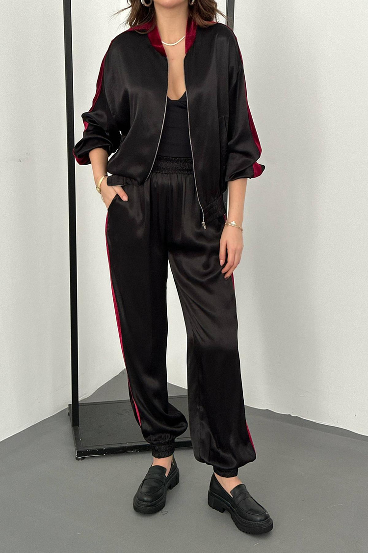 Black Velvet Striped Satin Tracksuit