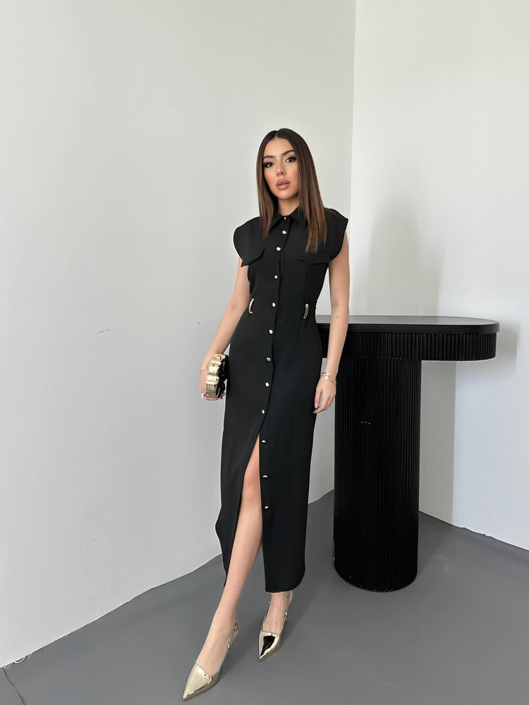 Black Satin Dress With Belt Accessory