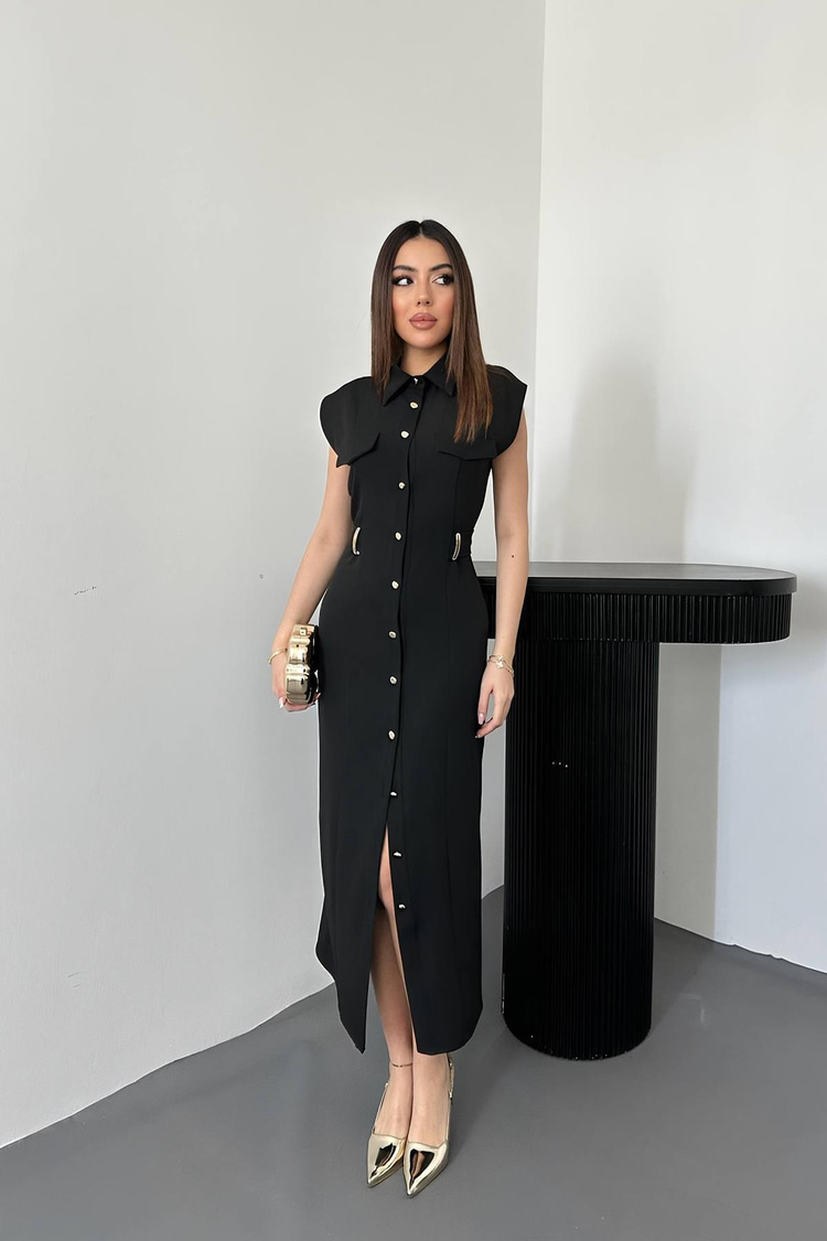Black Satin Dress With Belt Accessory