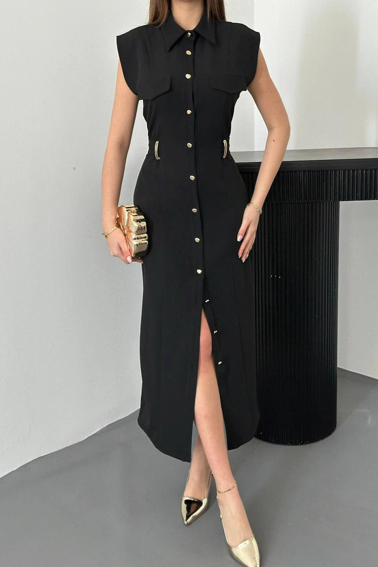 Black Satin Dress With Belt Accessory