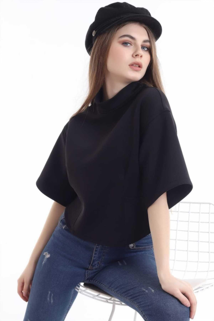 Black Short-Sleeved Scuba Blouse