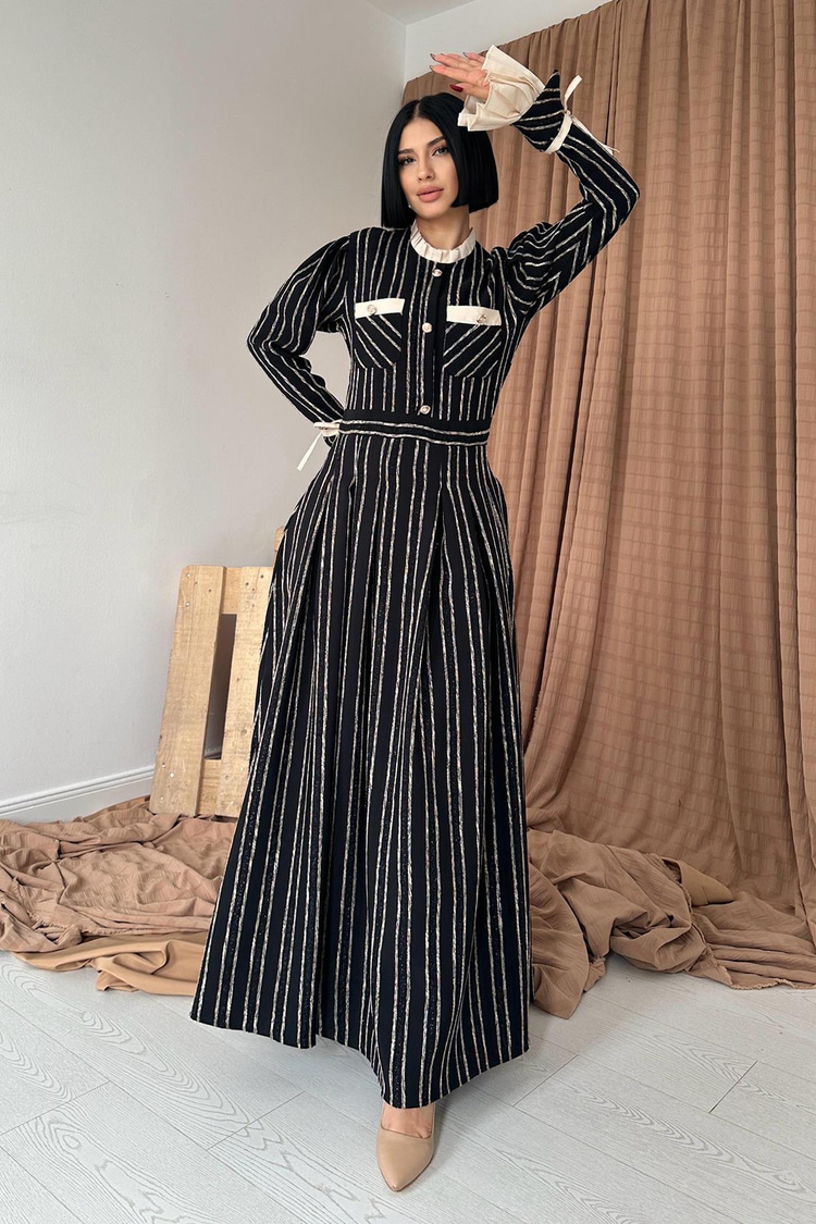 Black Dress With Pleated Sleeve Details
