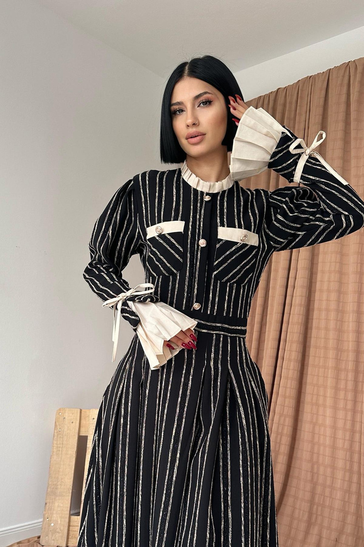 Black Dress With Pleated Sleeve Details