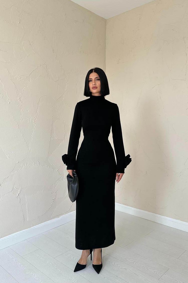 Black Knitted Dress With Roses On The Sleeves
