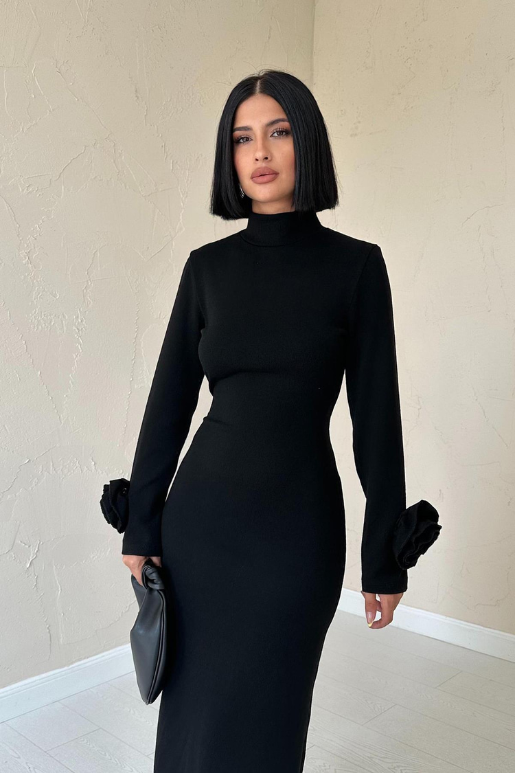 Black Knitted Dress With Roses On The Sleeves