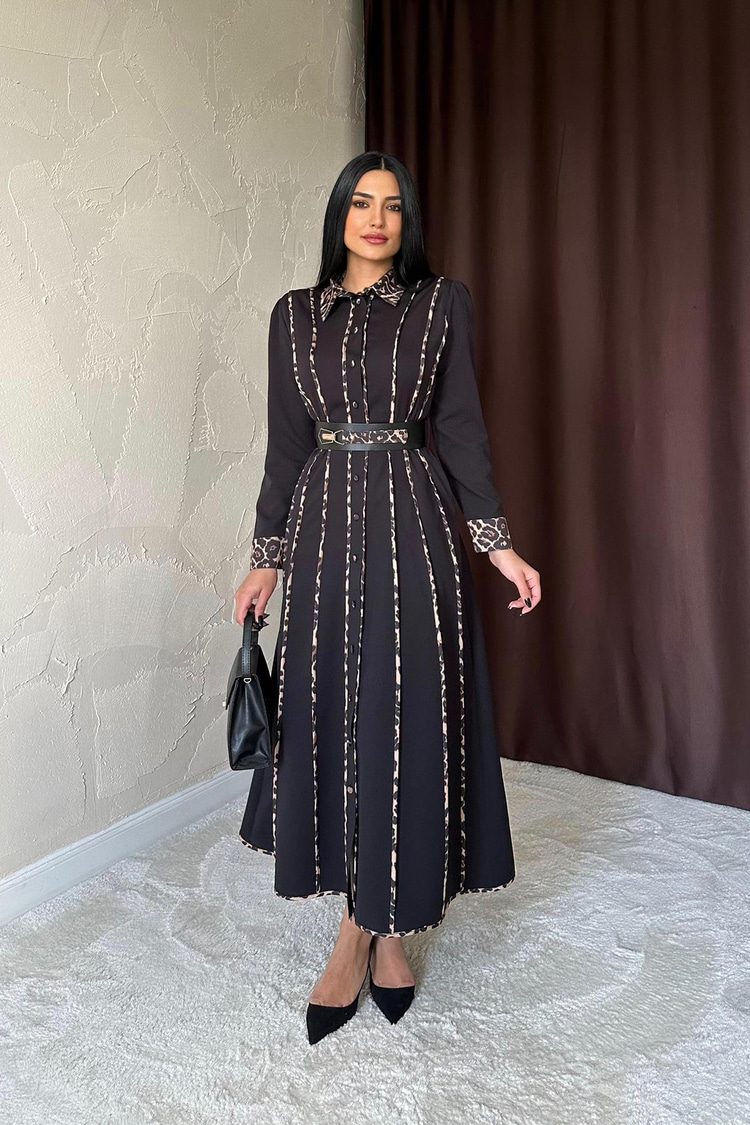 Black Leopard Print Belted Dress