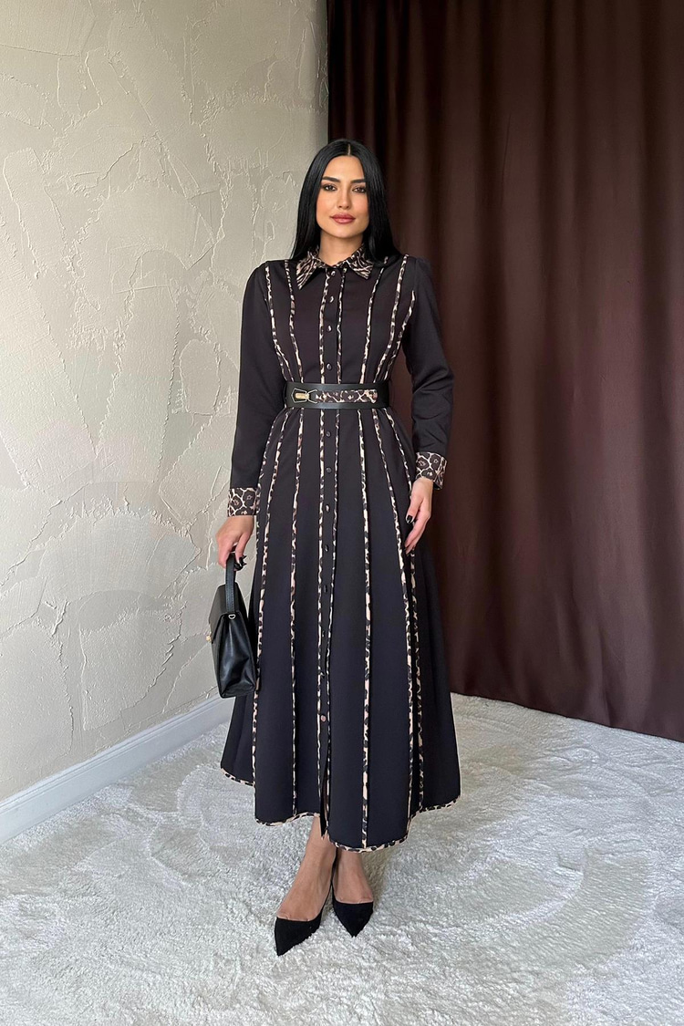 Black Leopard Print Belted Dress