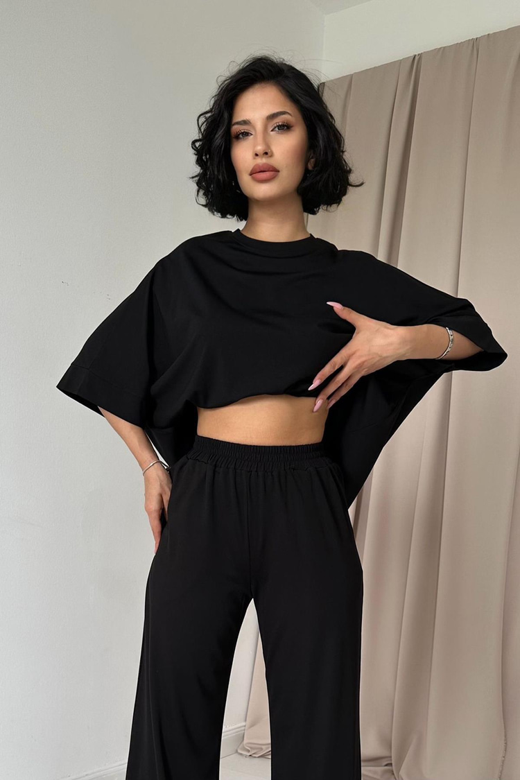 Black Modal Blouse And Pants Set