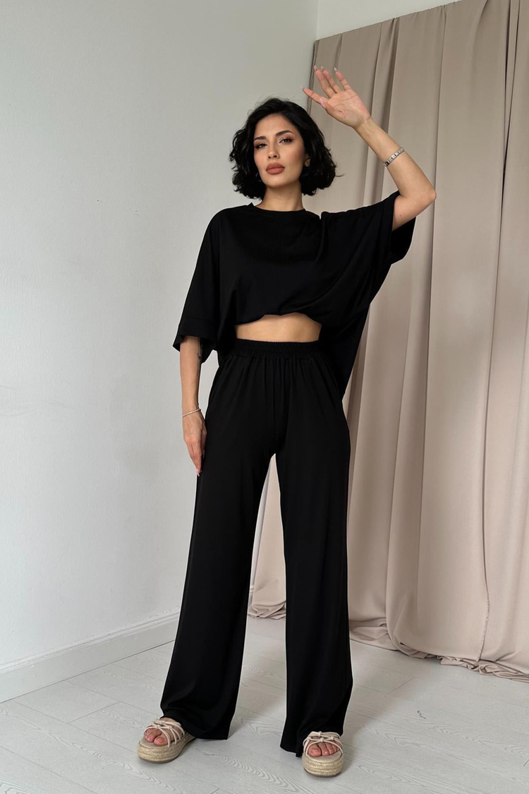Black Modal Blouse And Pants Set