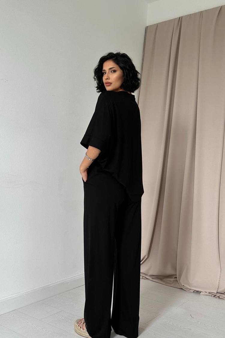 Black Modal Blouse And Pants Set
