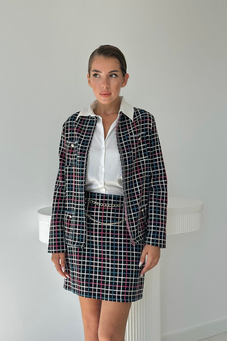 Black Open Front Jacket And Skirt Set With Chain Detail