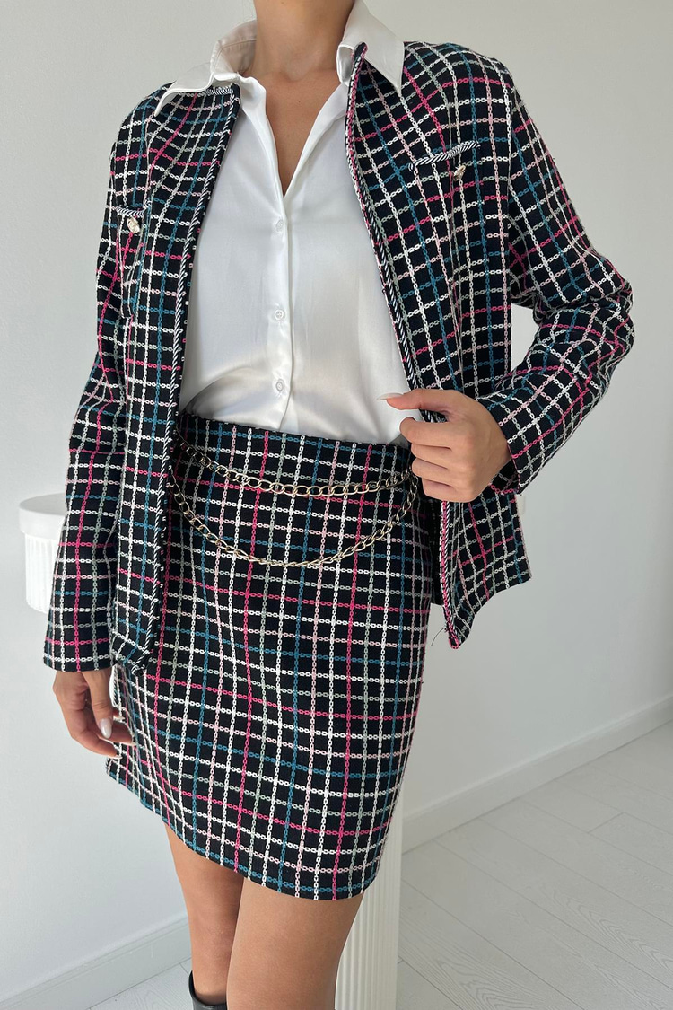 Black Open Front Jacket And Skirt Set With Chain Detail