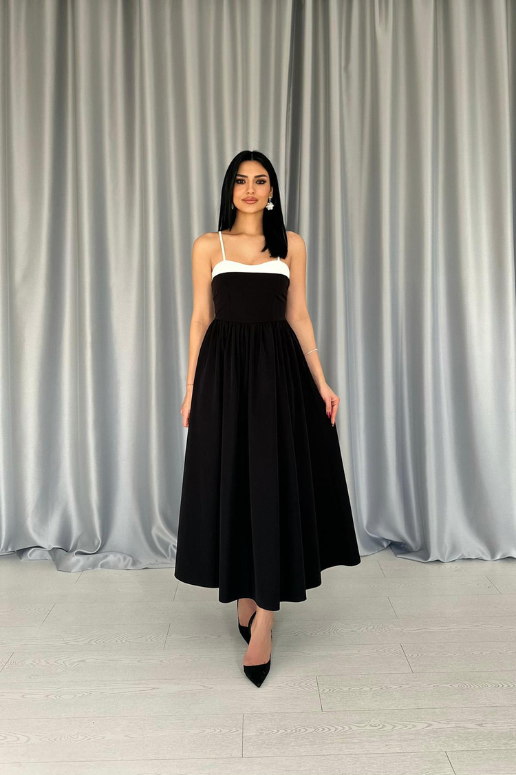 Black Dress With Front Trim And Black Gathering