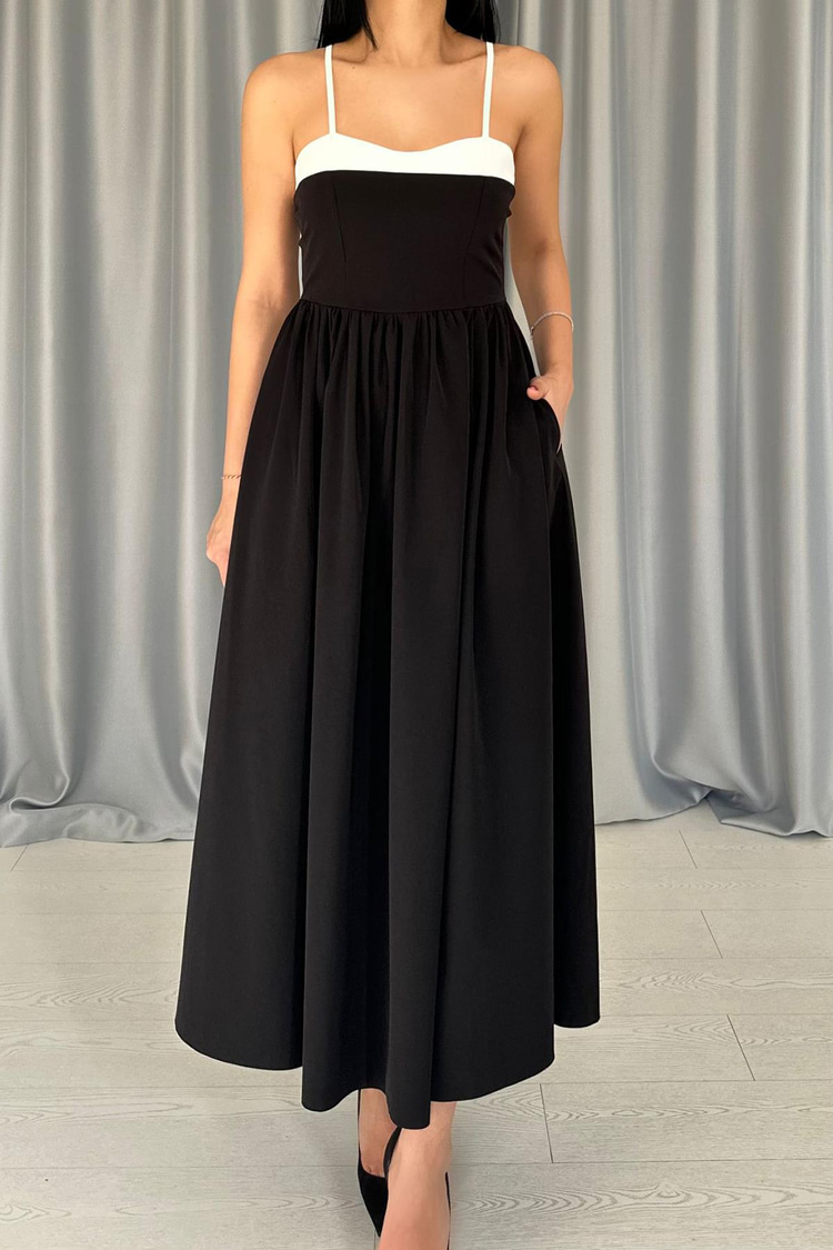 Black Dress With Front Trim And Black Gathering