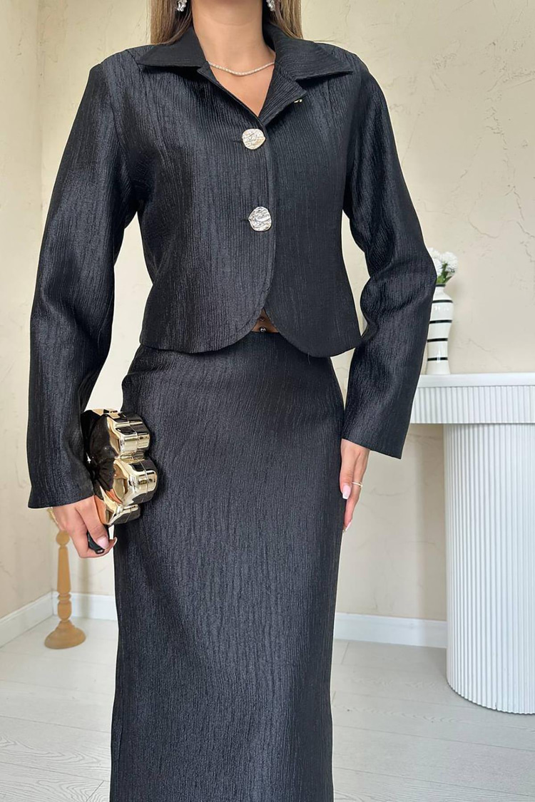 Black Shiny Jacket And Skirt Set