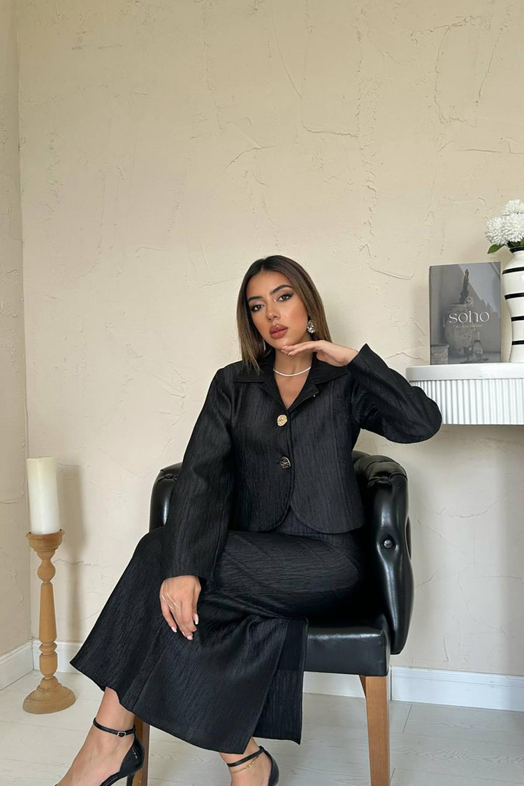 Black Shiny Jacket And Skirt Set