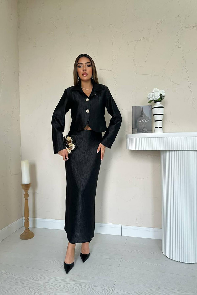 Black Shiny Jacket And Skirt Set