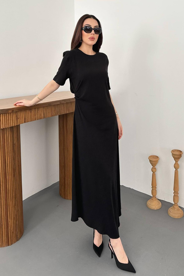 Black Pleated Crew Neck Dress